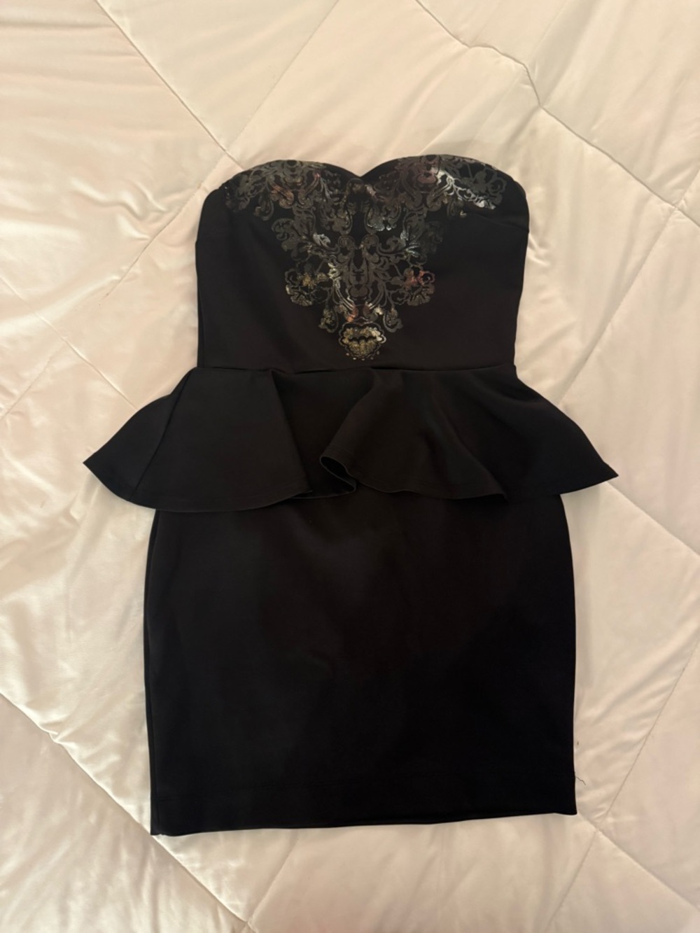 a'gaci Strapless Black Peplum Dress with Embroidered Bodice Detail